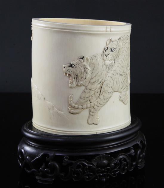 A Japanese ivory tusk vase, early 20th century & stand